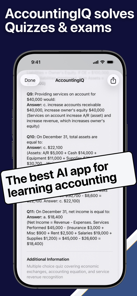 Accounting AI Homework Solver - AccountingIQ mobile app interface showing AI solved accounting quiz and exam questions
