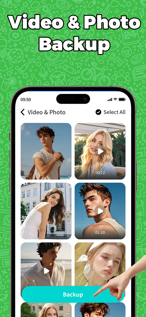 Dual Messenger & Duo Web Chat - Interface showing the video and photo backup feature with a gallery of media and a backup button