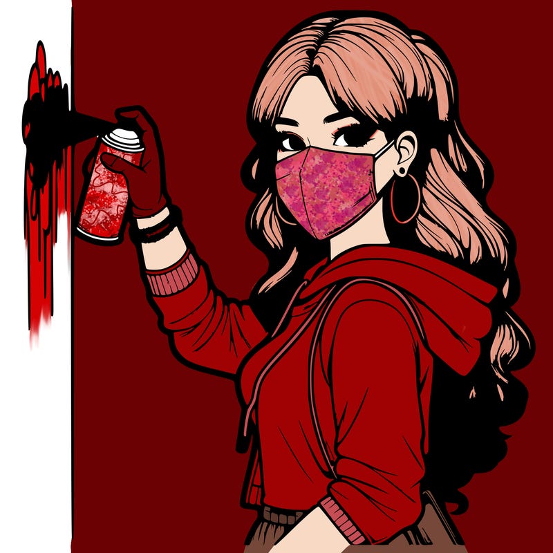 realistic girl with mask spray painting a wall