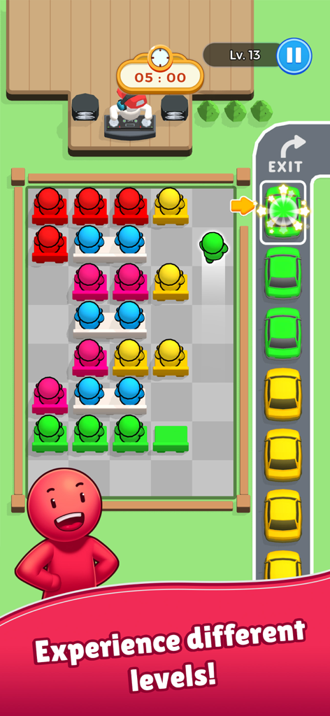 Seat Escape - Gameplay screenshot of Seat Escape showing a colorful logic puzzle level with characters moving toward an exit path with cars.