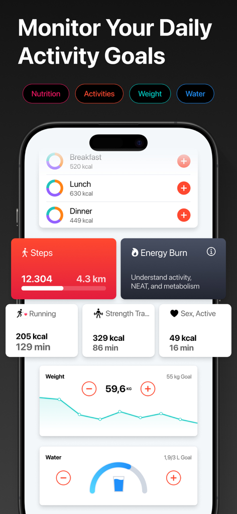 Calorie Counter - FitCounter - Dashboard dell'app FitCounter che mostra l'apporto calorico giornaliero, i passi, i registri delle attività, il grafico del peso e il tracciamento dell'acqua.