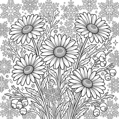 Embrace the unexpected beauty of winter with this delightful coloring page featuring cheerful Shasta daisies amidst a frosty wonderland. This intricate design invites colorists to bring warmth and vibrancy to a serene snowy scene.