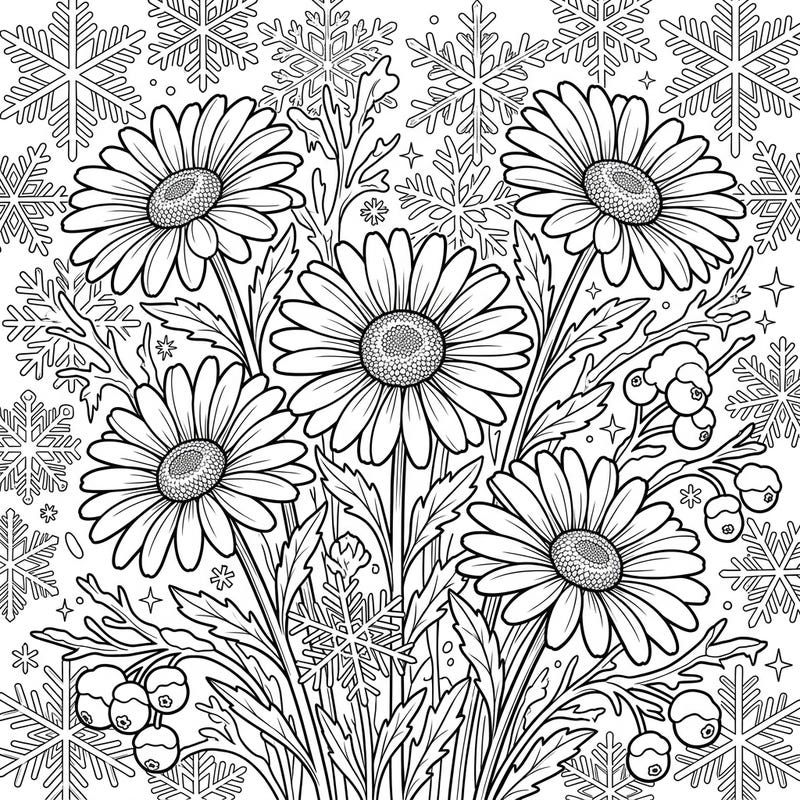 Embrace the unexpected beauty of winter with this delightful coloring page featuring cheerful Shasta daisies amidst a frosty wonderland. This intricate design invites colorists to bring warmth and vibrancy to a serene snowy scene.