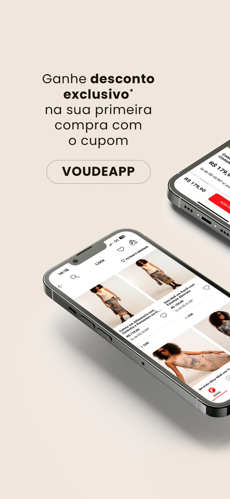 Lojas Renner app display with a discount coupon and women's fashion catalog on a smartphone screen