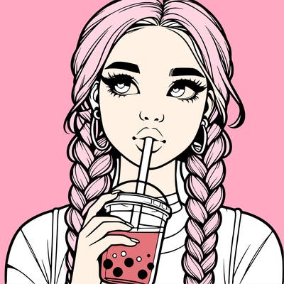 realistic girl with braided hair drinking boba