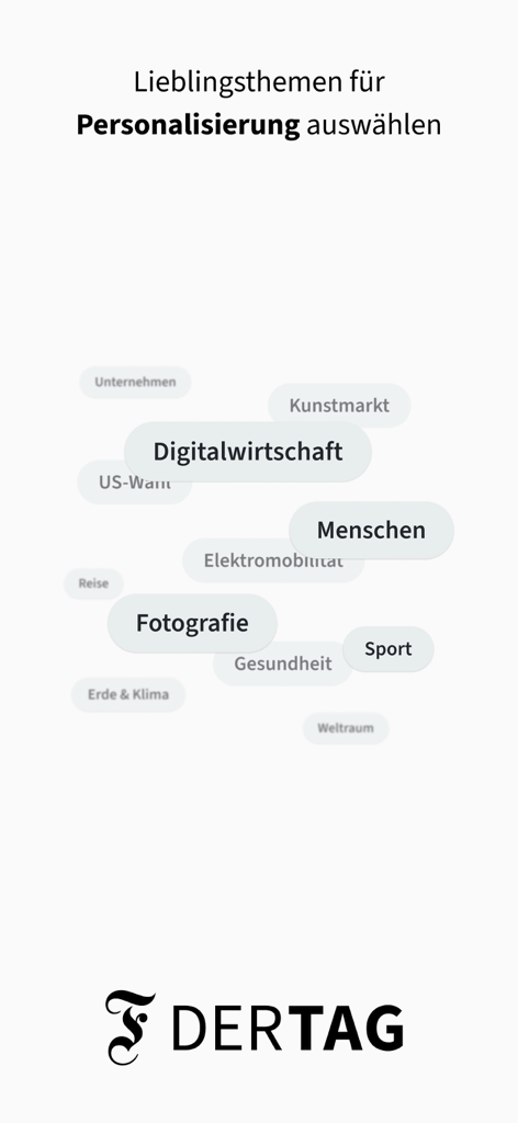 F.A.Z. Der Tag - Nachrichten - App interface for selecting favorite news topics for personalized curation