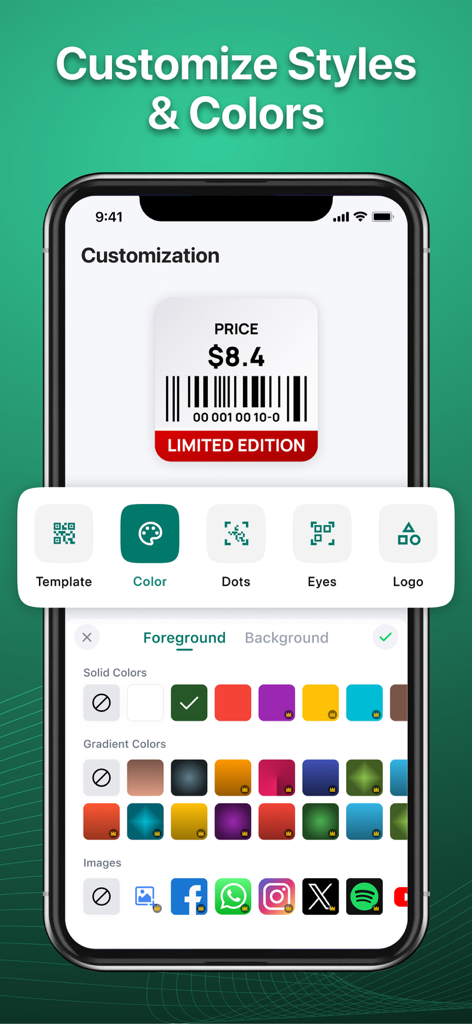 QR Code Scanner Pro - Scanify - Interface of Scanify app showing options to customize QR code colors styles and logos