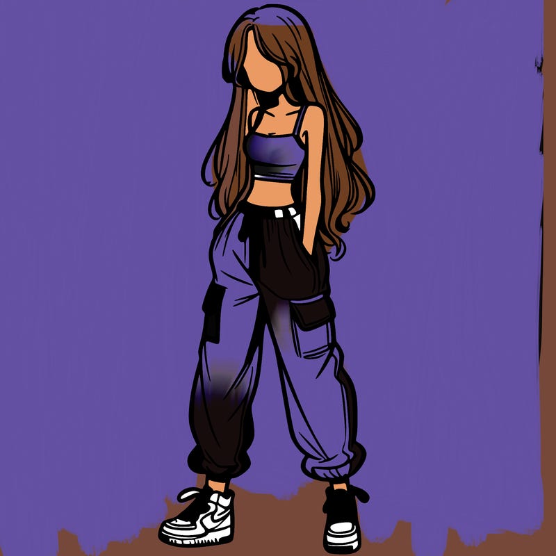 girl in baggy pants crop top and long hair