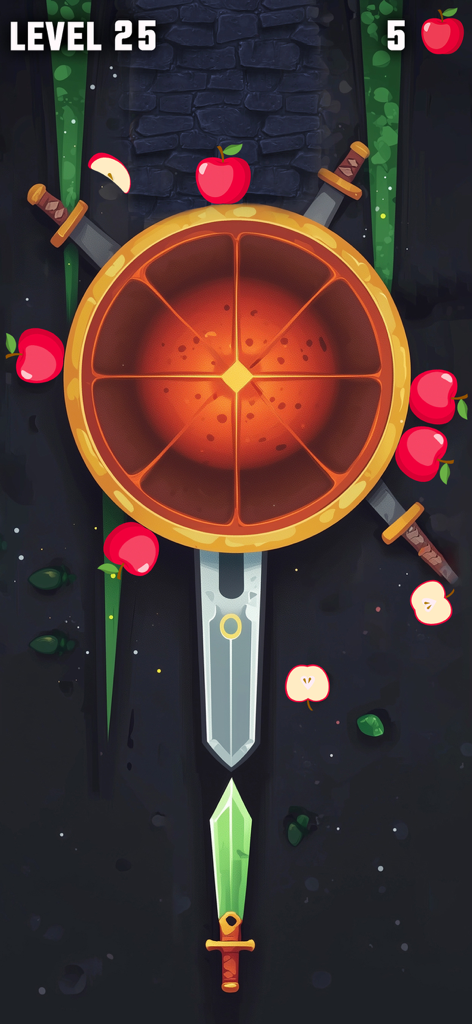 No WiFi Mini Games Offline Fun - Um minijogo de arremesso de facas apresentando um alvo giratório de fatia de laranja e maçãs no nível vinte e cinco