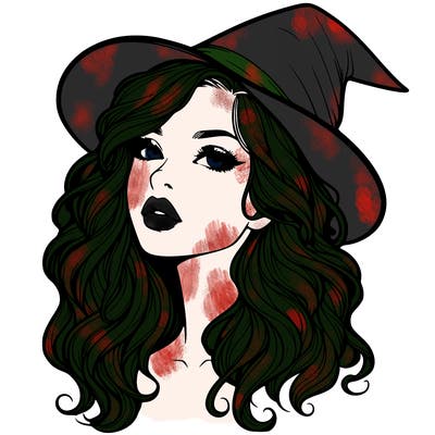 realistic witch girl with wavy hair and lips