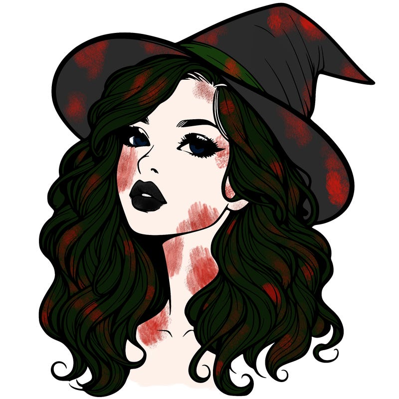 realistic witch girl with wavy hair and lips