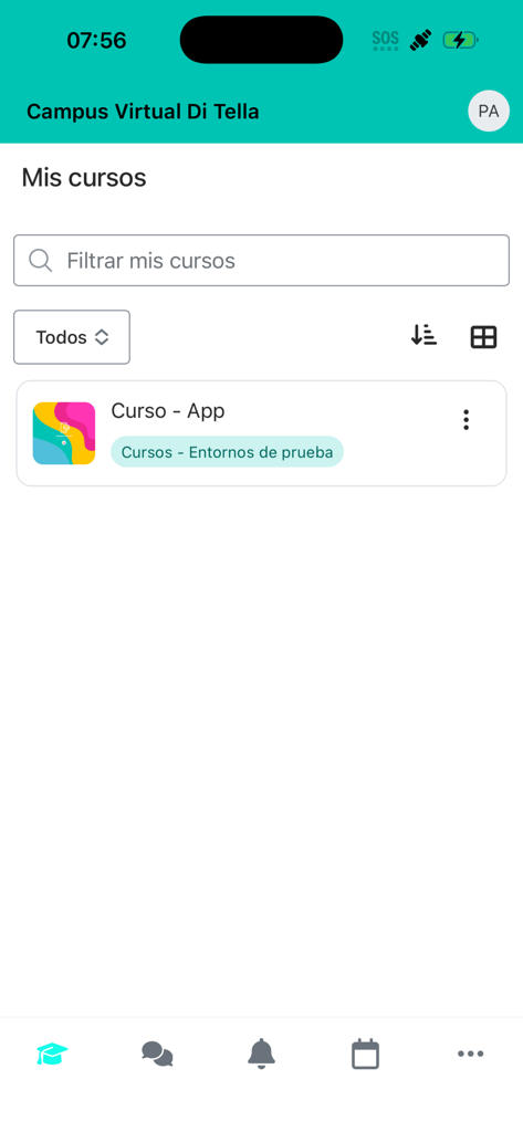 Campus Virtual Di Tella - La pantalla Mis Cursos de la aplicación móvil Campus Virtual Di Tella mostrando una lista de cursos académicos y menú de navegación
