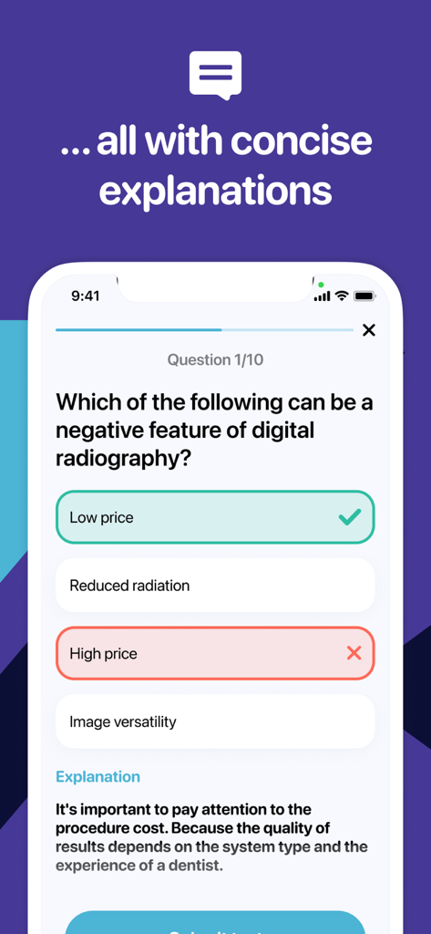 DANB CDA Practice Test - A mobile screen from the DANB CDA practice test app showing a multiple choice question about digital radiography with a detailed explanation.