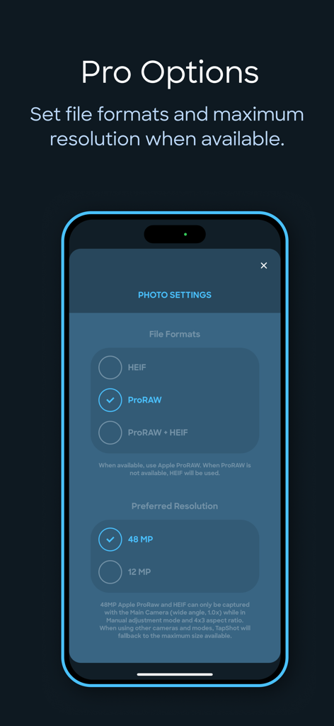 TapShot app settings screen showing options for ProRAW file format and 48 megapixel resolution