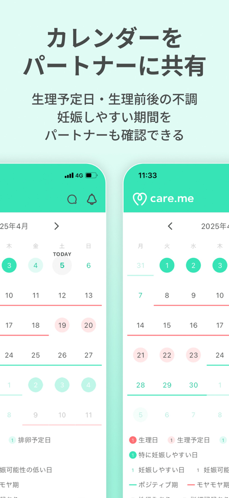 生理・PMSの共有アプリ ケアミー - 2つの電話画面に、月経周期と妊娠可能期間カレンダーをパートナーと共有するためのCareMeアプリインターフェースが表示されています。