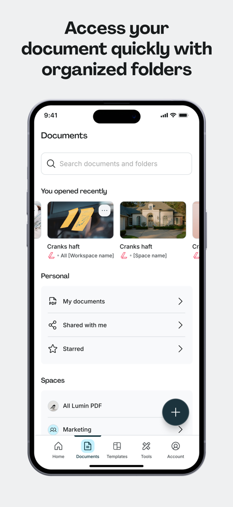 Lumin: View, Edit, Share PDF - Interfaz móvil de la aplicación Lumin mostrando carpetas de documentos organizadas y archivos PDF recientes