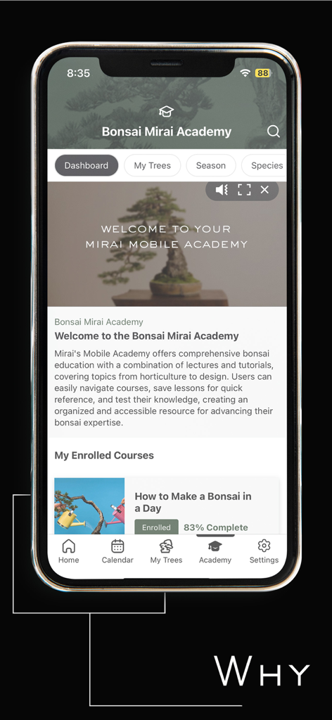 Mirai Mobile - Smartphone-Bildschirm, der das Mirai Mobile Academy-Dashboard mit einem Bonsai-Baum-Videokurs und eingeschriebenen Lektionen zeigt.