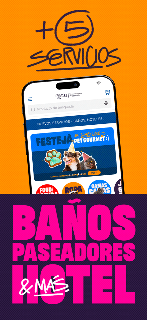 Pantalla de la aplicación móvil 4Pets que muestra servicios para mascotas, incluyendo peluquería, paseadores de perros y hoteles para mascotas.