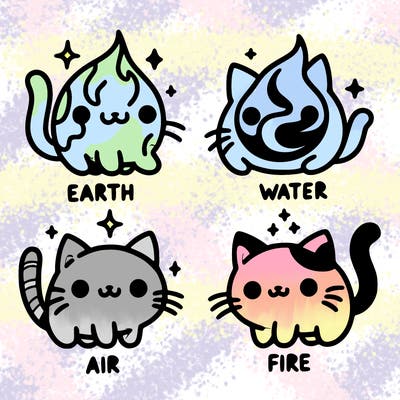 4 cats that represent the different elements, earth, water, air, and fire