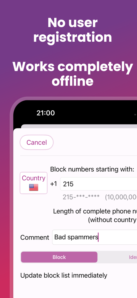 WideProtect Spam Call Blocker - WideProtect app interface showing offline functionality and prefix based spam call blocking for the USA