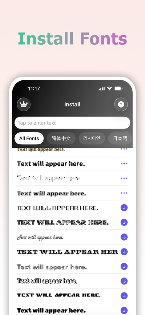 Interface do aplicativo FontLab mostrando uma variedade de fontes criativas e decorativas disponíveis para instalação no iPhone.