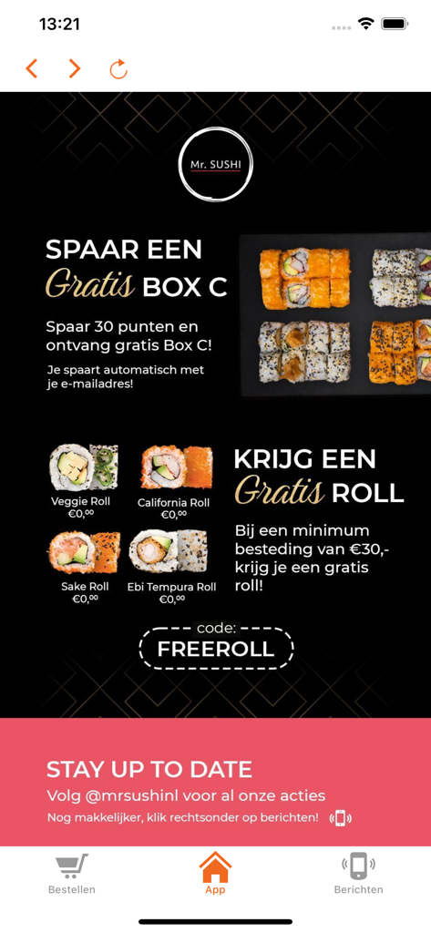 Mr. Sushi - Schermata dell'app mobile Mr. Sushi che mostra il programma fedeltà e un codice promo per un roll gratuito