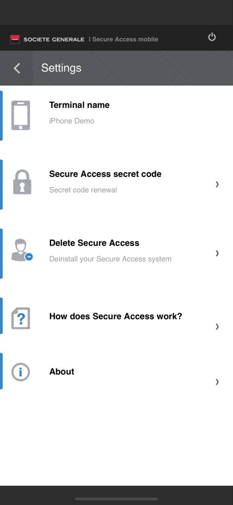Página de configurações do aplicativo Acesso Seguro para Corporações do Societe Generale mostrando opções de segurança e terminal.