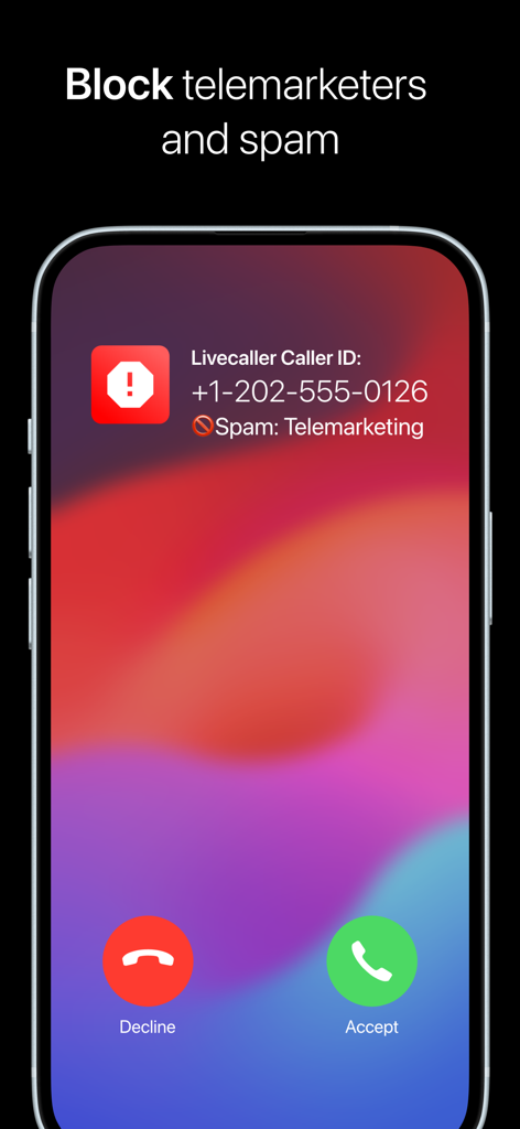 Livecaller: Live Caller ID - Pantalla de iPhone que muestra la aplicación Livecaller identificando una llamada de telemarketing de spam entrante
