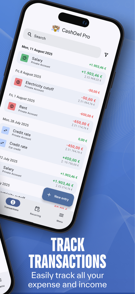 Pantalla móvil de la aplicación CashOwl que muestra una lista de ingresos y gastos diarios, incluyendo salario y alquiler