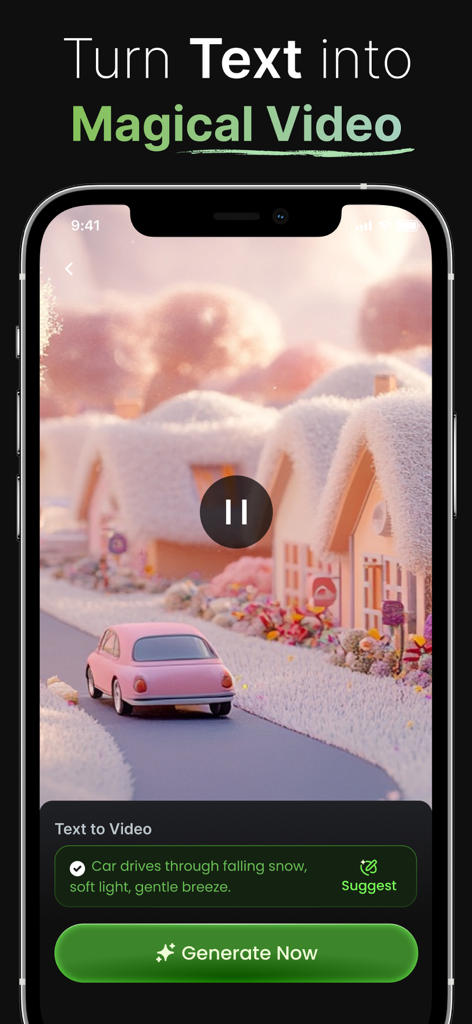 Figurine 3D - Action Figure AI - AI text to video generator interface showing a 3D toy car driving through a snowy village