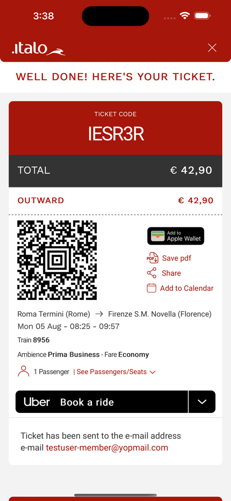 Digital train ticket in the Italo app showing a QR code for a trip from Rome to Florence with an add to Apple Wallet button