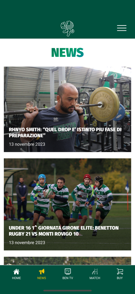 Benetton Rugby Official App - News section of the Benetton Rugby Official App featuring player training updates and youth match reports