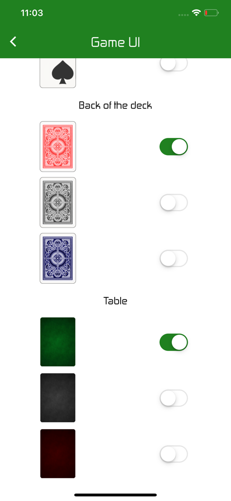 Interface for selecting card deck backs and table colors in the Santase card game app