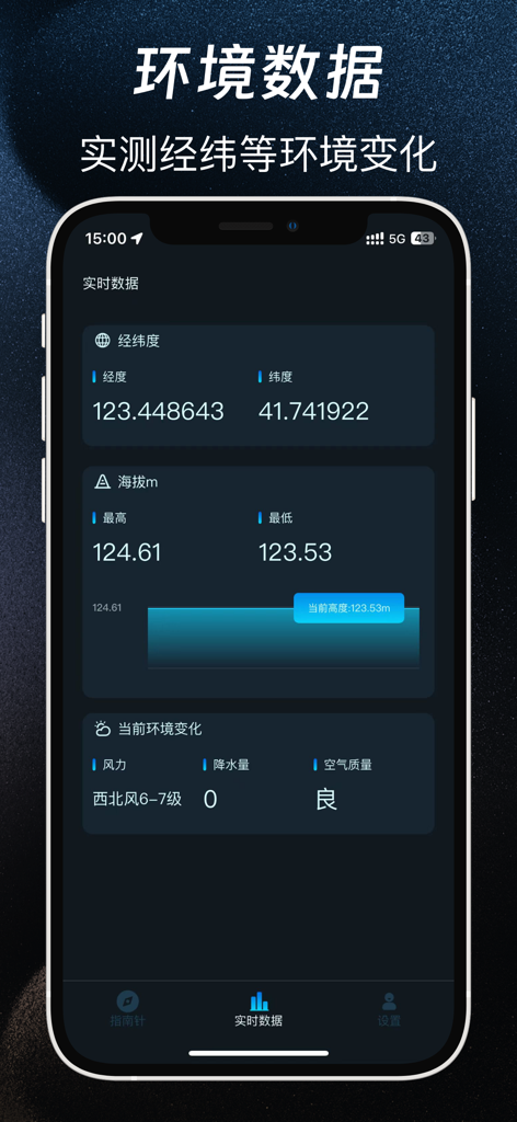 Mobile app interface displaying real-time GPS coordinates, altitude measurements, and local weather data.
