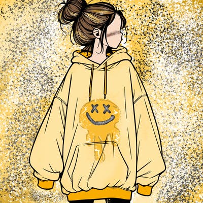 realistic girl with a oversized sweatshirt on and a bun