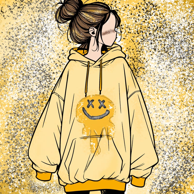 realistic girl with a oversized sweatshirt on and a bun