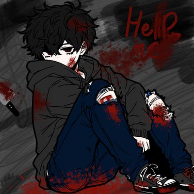 a male hoddie ripped jeans messy hair anime