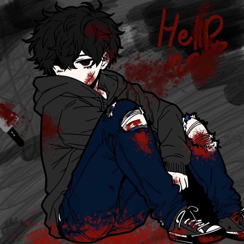 a male hoddie ripped jeans messy hair anime