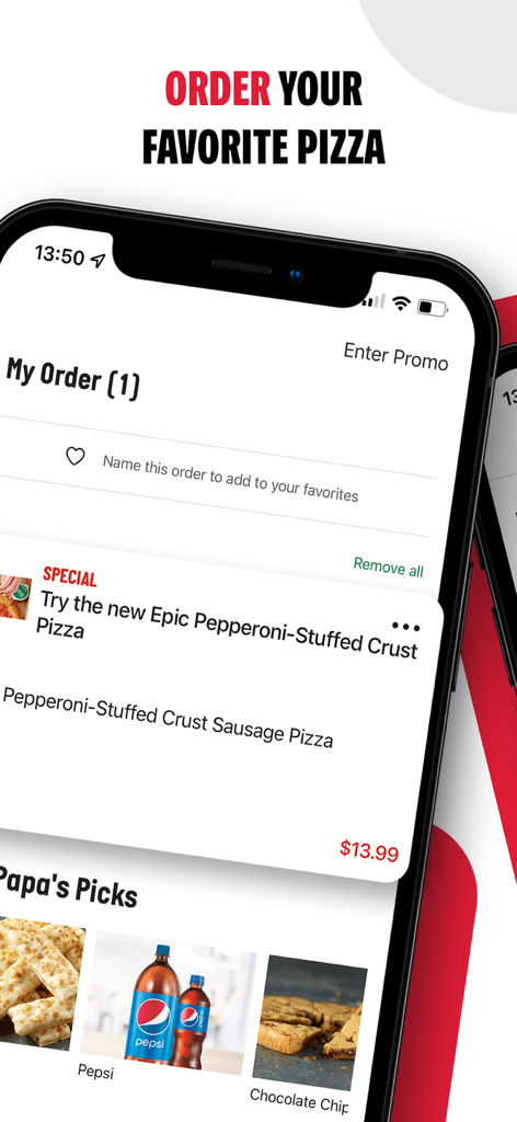 Ein Screenshot der Papa Johns App, der eine Bestellübersicht mit einer Epic Pepperoni-Stuffed Crust Pizza und vorgeschlagenen Beilagen wie Pepsi und Keksen zeigt.