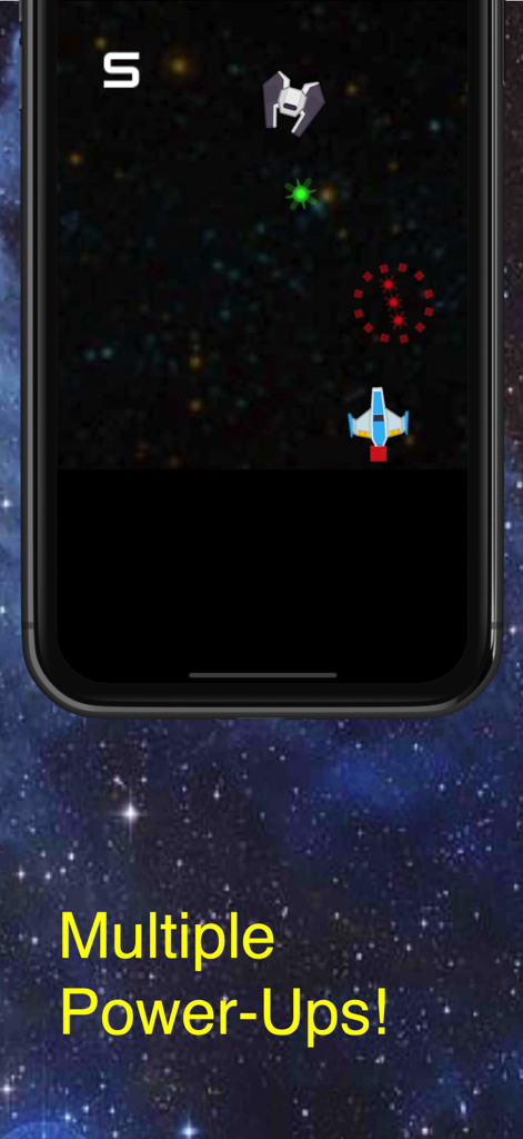 Jupiter Attack - Gameplay of Jupiter Attack on iPhone featuring a retro spaceship and multiple power-ups text