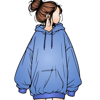 realistic girl with a oversized sweatshirt on and a bun