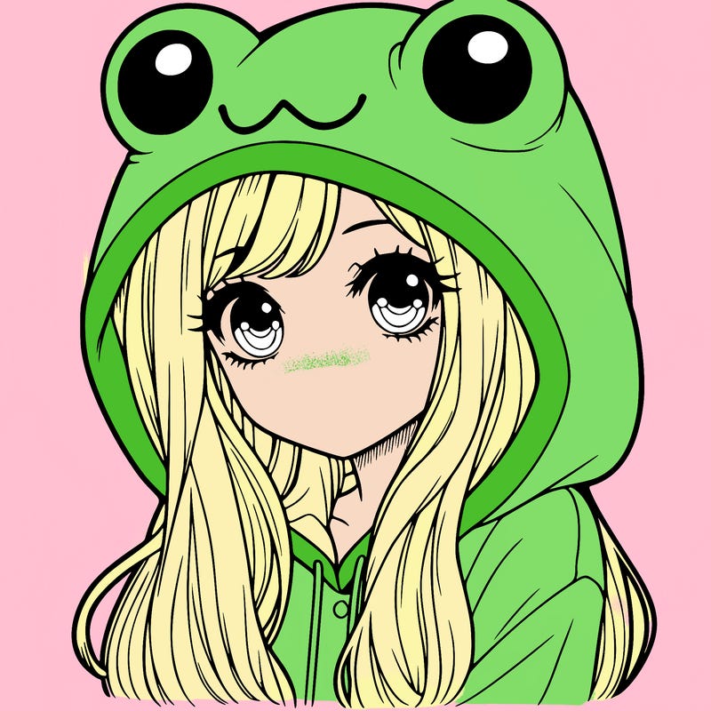 a pretty girl wearing a frog hoodie portrait with long hair