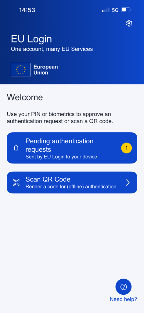EU Login - EU Login app welcome screen showing buttons for pending authentication requests and scanning a QR code