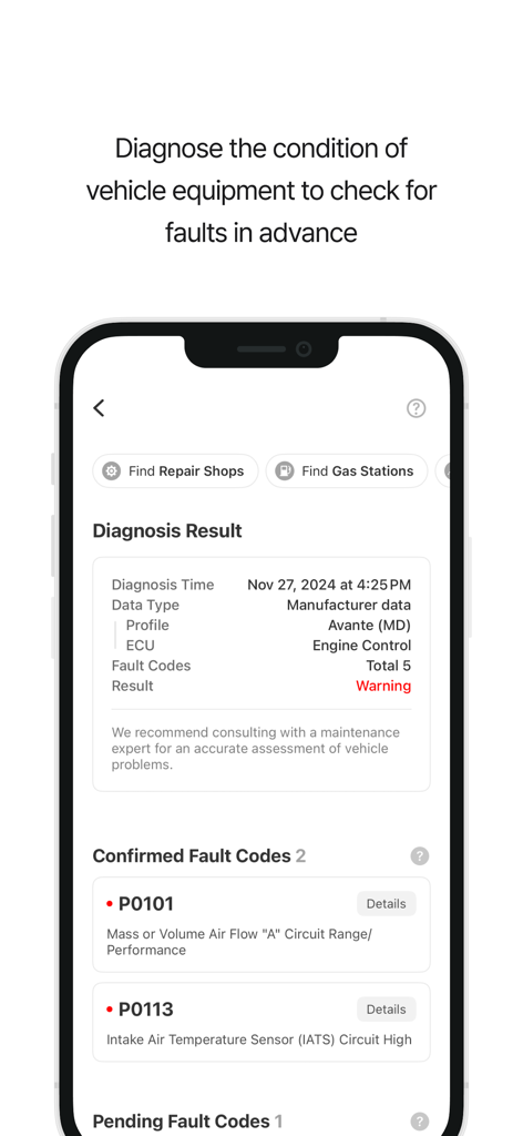 Smartphone screen showing vehicle diagnostic results and engine fault codes in the Infocar app.