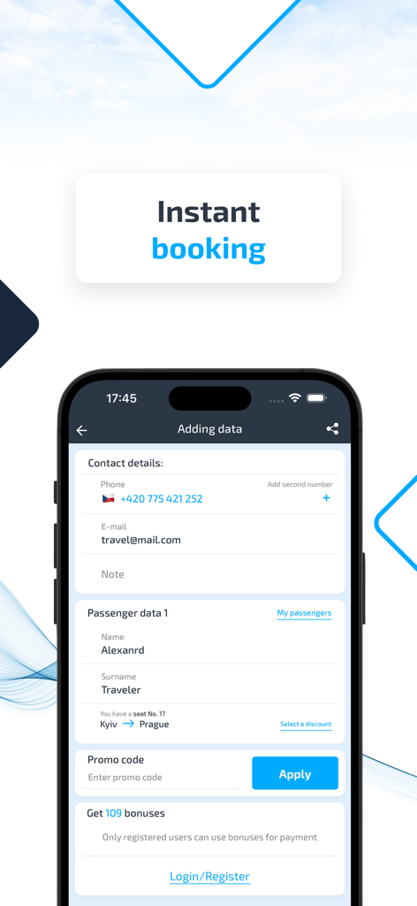 INFOBUS: Bus, train, flight - INFOBUSモバイルアプリの画面。乗客の連絡先情報とプロモーションコードを入力して、バスを即時予約できます