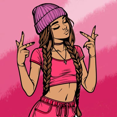 realistic teenage girl with braids and a beanie and crop top doing 🫶🏼