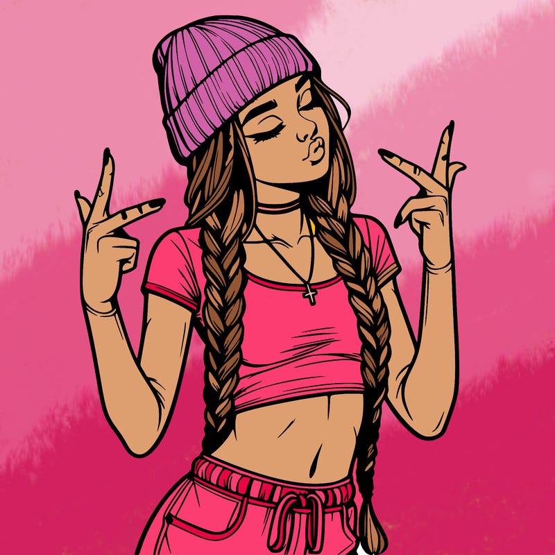 realistic teenage girl with braids and a beanie and crop top doing 🫶🏼