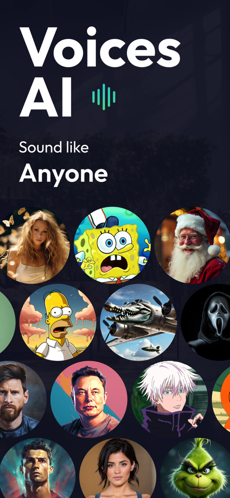 Voices AI app interface showing celebrity and character icons for voice transformation including Elon Musk and SpongeBob