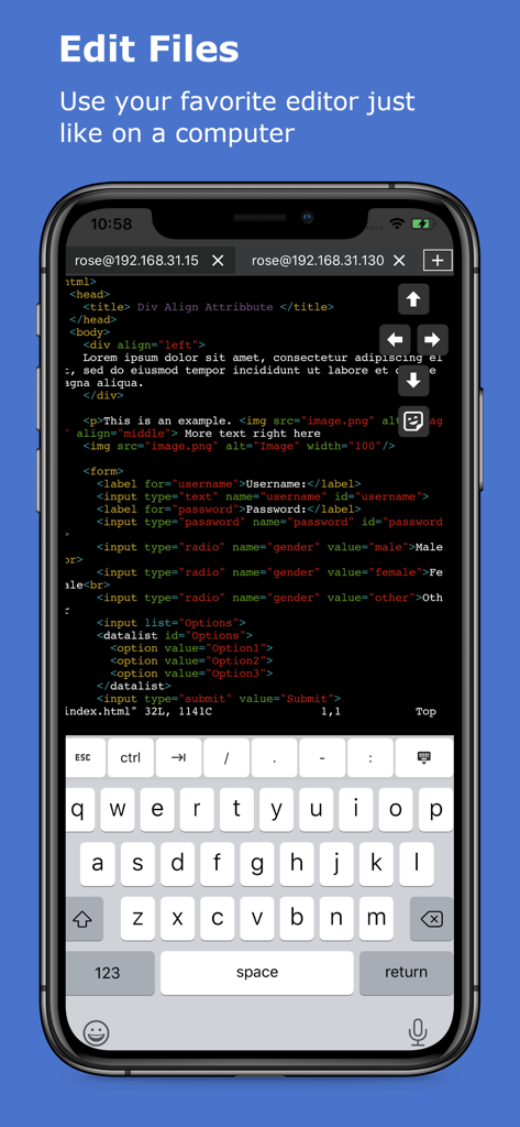 Editing code in the xTerminal SSH terminal on iPhone