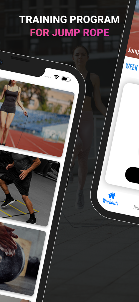 Jump Rope Workouts & Routines - Interfaz de la aplicación Jump Rope Workouts and Routines que muestra varios videos de ejercicios y programas de entrenamiento